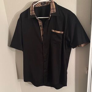Black men’s casual button up top with tan plaid detail